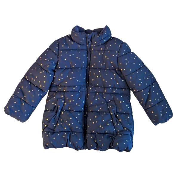 H&M Girls Navy Puffer Jacket With Gold Stars Size 4-5 - Picture 1 of 6